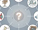 Schéma visuel représentant une analyse de la demande, avec des icônes : panneau directionnel, groupe de personnes barré, sablier, coffre au trésor, mégaphone, toile d'araignée avec loupe, et un point d'interrogation central.