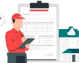 Un homme en uniforme rouge prépare les documents pour ouvrir une conciergerie. Une maison est à côté, symbolisant le service.