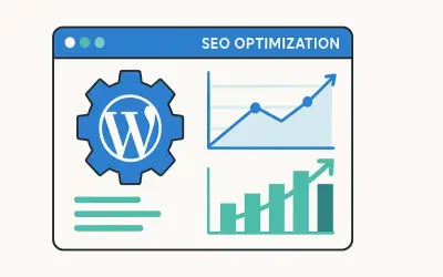 Icône WordPress et graphiques montrant l'optimisation SEO. Un outil pour booster votre visibilité en ligne.