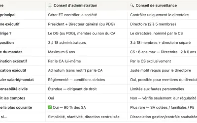 Tableau comparant le conseil d'administration et le conseil de surveillance, leurs rôles, compositions et mandats. Le conseil de surveillance supervise le directoire.