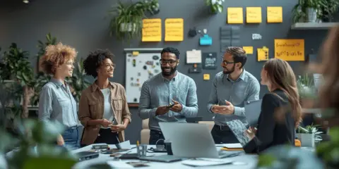 Cinq collègues discutent dans un bureau moderne, illustrant une **société** dynamique et collaborative.