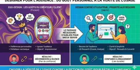 Comparaison entre l'ego-design (fiction) et le design centré utilisateur (vérité) pour la structure d'une page web. Le premier mène à la déconnexion, le second à la confiance.