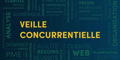 Nuage de mots sur la veille concurrentielle, incluant des termes comme analyse, stratégie, marché, données, organisation et clients.
