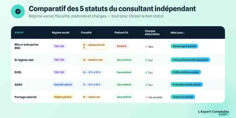 Tableau comparatif des statuts pour devenir consultant indépendant : micro-entreprise, régime réel, EURL, SASU, portage salarial. Aide au choix du statut.