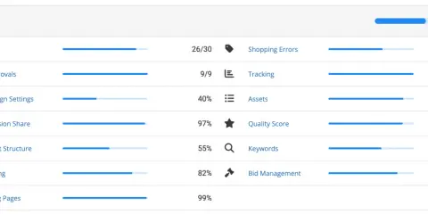 Tableau d'audit Google Ads : erreurs, disapprovals, paramètres de campagne, part d'impressions, structure de compte, shopping, pages de destination, suivi, éléments, score de qualité, mots-clés, gestion des enchères.