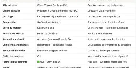 Tableau comparant le conseil d'administration et le conseil de surveillance, leurs rôles, compositions et mandats. Le conseil de surveillance supervise le directoire.