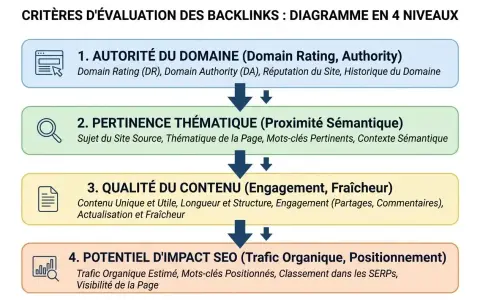 Diagramme en 4 niveaux pour évaluer un backlink de qualité : autorité, pertinence thématique, qualité du contenu et potentiel SEO.
