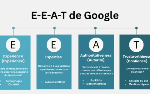 Schéma E-E-A-T de Google : Expérience, Expertise, Autorité, Confiance. Essentiel pour le référencement SEO WordPress.