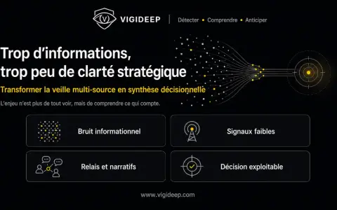 VIGIDEEP transforme la veille multi-source en synthèse décisionnelle. L'image illustre ce type de veille avec des concepts comme "Bruit informationnel", "Signaux faibles", "Relais et narratifs" et "Décision exploitable".