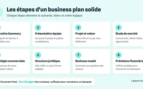 Les 8 étapes clés pour bâtir un business plan solide : résumé exécutif, équipe, projet, marché, stratégie, structure, modèle économique et prévisions financières.