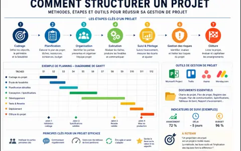 Un modèle de plan de projet illustre les 7 étapes clés, un diagramme de Gantt, des outils et des principes pour une gestion de projet réussie.