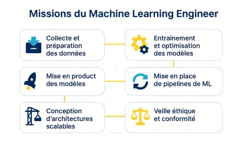 Les missions d'un ingénieur en machine learning : collecte de données, entraînement de modèles, mise en production, pipelines ML, architectures scalables et veille éthique.