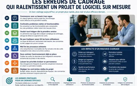 Un plan de test bien défini est crucial. L'image montre des erreurs de cadrage qui ralentissent un projet logiciel, avec des impacts sur les délais et le budget.