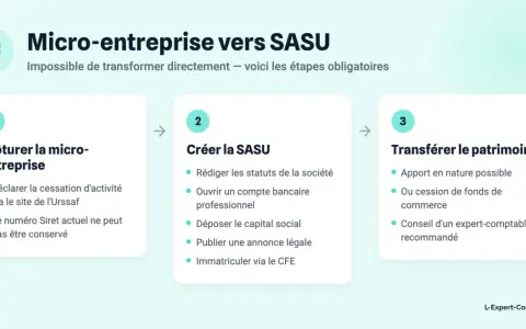 Étapes pour passer de micro-entreprise à SASU : clôturer, créer la SASU, transférer le patrimoine.