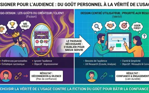 Comparaison entre l'ego-design (fiction) et le design centré utilisateur (vérité) pour la structure d'une page web. Le premier mène à la déconnexion, le second à la confiance.