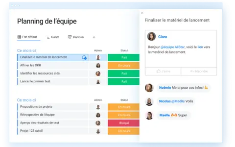 Tableau de planification d'équipe. Un exemple de note de cadrage pour "Finaliser le matériel de lancement" est visible, avec des statuts "Fait" et "En cours".