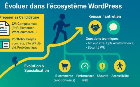 Guide pour évoluer dans l'écosystème WordPress : CV, portfolio, entretien, et spécialisations comme le webmaster WordPress.