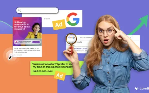 Une jeune femme perplexe examine des exemples de Google Ads, dont une publicité Hootsuite et des résultats sponsorisés pour la location de voitures.