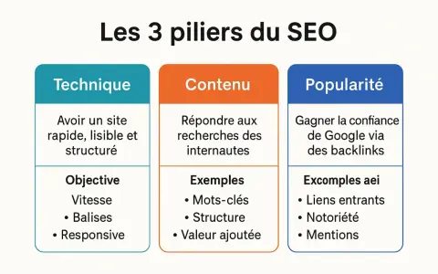 Les 3 piliers du SEO : Technique, Contenu (avec mots-clés pour le referencement Google) et Popularité.