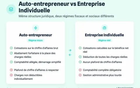 Comparaison auto-entrepreneur vs entreprise individuelle. Le régime micro de l'auto-entrepreneur a un plafond de chiffre d'affaires, contrairement au régime réel.