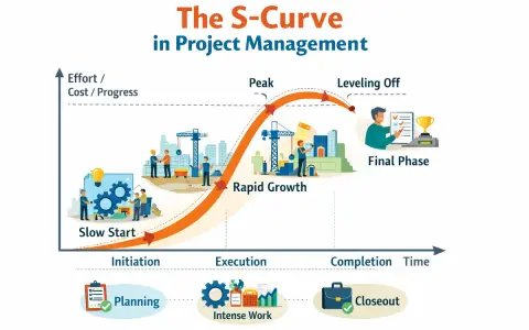 Graphique illustrant la courbe en s de la gestion de projet, du démarrage lent à la phase finale avec succès.