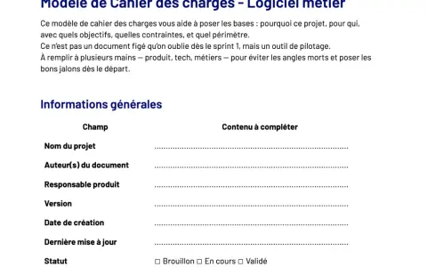 Modèle de cahier des charges pour un logiciel métier, avec champs pour les informations générales du projet.
