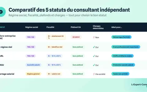 Tableau comparatif des statuts pour devenir consultant indépendant : micro-entreprise, régime réel, EURL, SASU, portage salarial. Aide au choix du statut.