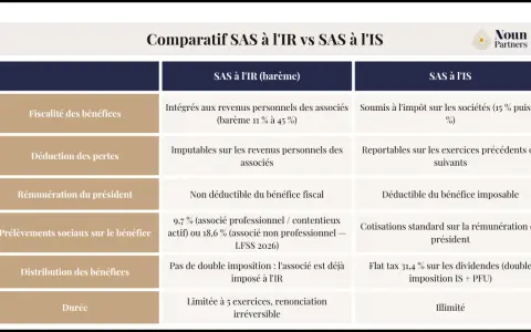 Tableau comparatif SAS à l'IR vs SAS à l'IS : fiscalité, pertes, rémunération, prélèvements sociaux, distribution des bénéfices et durée.