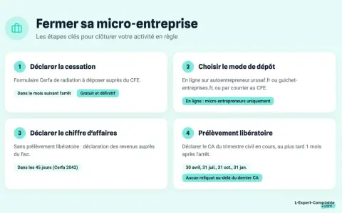 Les étapes pour fermer sa micro-entreprise : déclarer la cessation, choisir le mode de dépôt, déclarer le chiffre d'affaires et le prélèvement libératoire.
