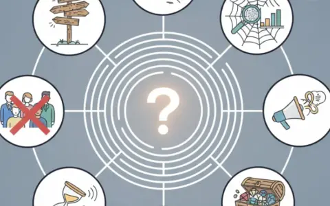 Schéma visuel représentant une analyse de la demande, avec des icônes : panneau directionnel, groupe de personnes barré, sablier, coffre au trésor, mégaphone, toile d'araignée avec loupe, et un point d'interrogation central.