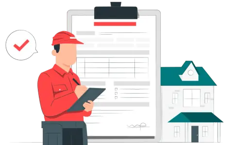 Un homme en uniforme rouge prépare les documents pour ouvrir une conciergerie. Une maison est à côté, symbolisant le service.