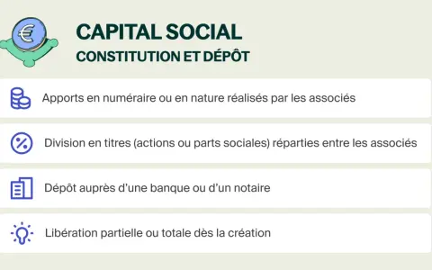 Capital social : apports, division en titres, dépôt bancaire et libération. Informations clés pour la constitution d'une SARL.