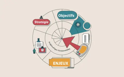 Schéma illustrant la différence entre enjeux et objectifs. Une flèche rouge pointe vers les objectifs, issus de la stratégie et des problématiques fondamentales.