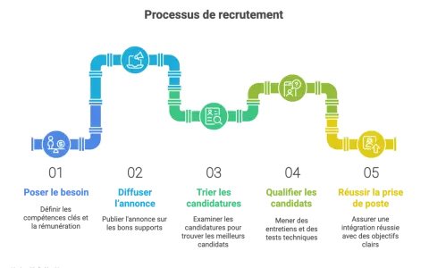 Schéma du processus de recrutement : définir le besoin, diffuser l'annonce, trier les candidatures, qualifier les candidats et réussir la prise de poste. Idéal pour un recrutement développeur web.