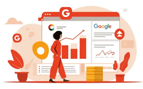 Une personne analyse les données d'une campagne search Google Ads, avec des graphiques montrant une croissance.