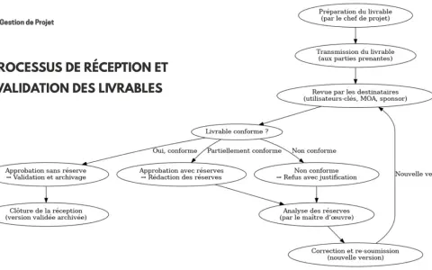 Schéma du processus de réception et validation des livrables, de la préparation à la clôture. Ce pv de recette détaille les étapes clés.