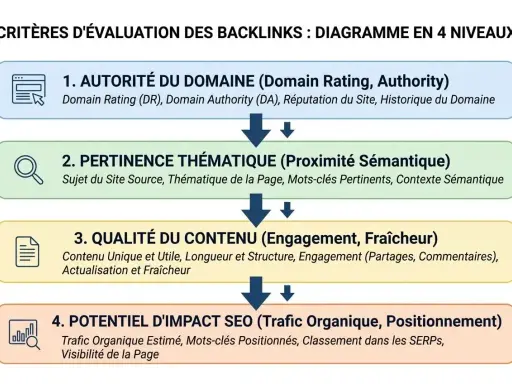 Diagramme en 4 niveaux pour évaluer un backlink de qualité : autorité, pertinence thématique, qualité du contenu et potentiel SEO.