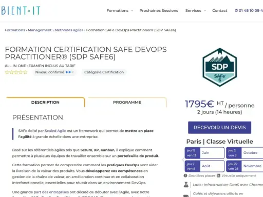 Formation certification SAFe DevOps Practitioner pour devenir un chef de projet agile certifié.