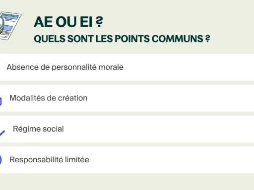 Points communs entre AE et EI : absence de personnalité morale, modalités de création, régime social, responsabilité limitée. L'avantage entreprise individuelle est ici détaillé.