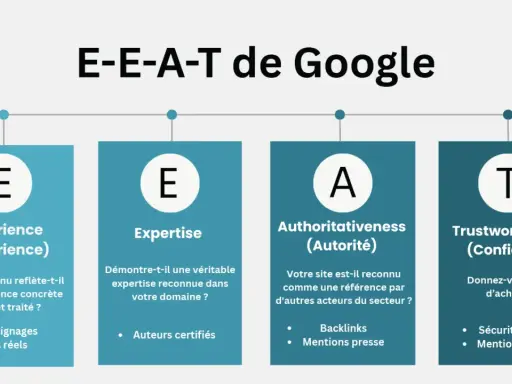 Schéma E-E-A-T de Google : Expérience, Expertise, Autorité, Confiance. Essentiel pour le référencement SEO WordPress.