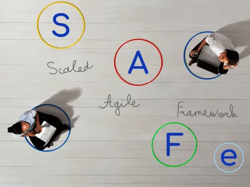 Des personnes travaillent sur des ordinateurs, entourées de cercles avec les lettres S, A, F, E. Le mot "Agile à l'échelle" est écrit.