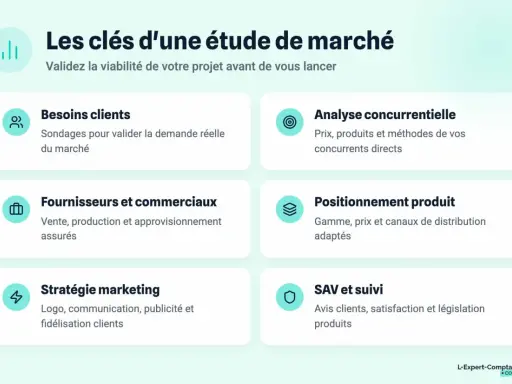 Les clés d'une étude de marché : besoins clients, analyse concurrentielle, fournisseurs, positionnement produit, stratégie marketing, SAV. Ces éléments sont essentiels pour des études de marché en ligne réussies.