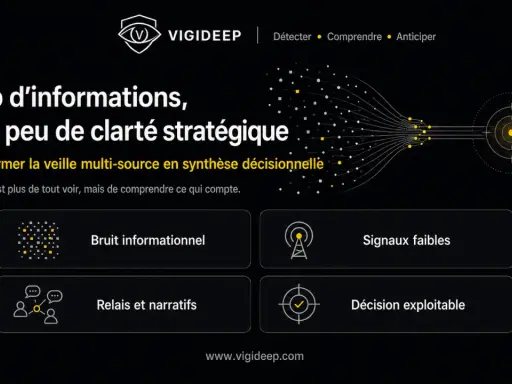 VIGIDEEP transforme la veille multi-source en synthèse décisionnelle. L'image illustre ce type de veille avec des concepts comme "Bruit informationnel", "Signaux faibles", "Relais et narratifs" et "Décision exploitable".