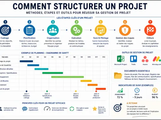 Un modèle de plan de projet illustre les 7 étapes clés, un diagramme de Gantt, des outils et des principes pour une gestion de projet réussie.