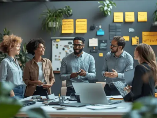 Cinq collègues discutent dans un bureau moderne, illustrant une **société** dynamique et collaborative.