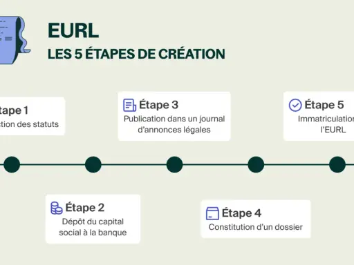 Infographie illustrant les 5 étapes de la création d'une EURL en ligne : rédaction des statuts, dépôt du capital, publication, constitution du dossier et immatriculation.
