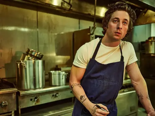 Un chef aux tatouages rêve d'ouvrir une pizzeria. Il est dans une cuisine professionnelle, entouré de casseroles et d'équipements.