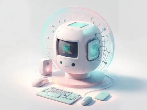 Un ordinateur au design futuriste, entouré d'accessoires, symbolise un expert en communication digitale.