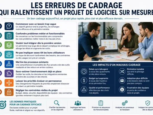 Un plan de test bien défini est crucial. L'image montre des erreurs de cadrage qui ralentissent un projet logiciel, avec des impacts sur les délais et le budget.