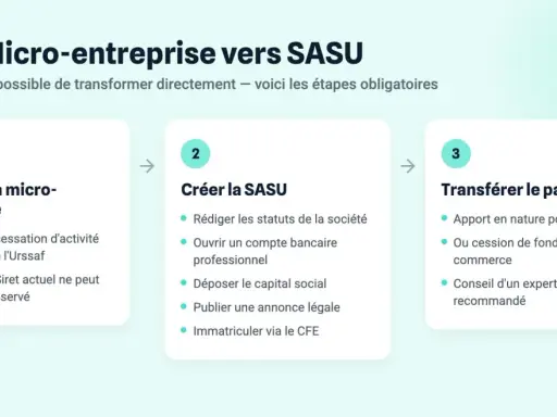 Étapes pour passer de micro-entreprise à SASU : clôturer, créer la SASU, transférer le patrimoine.